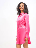 Women Pink Satin Belted Shirt Dress