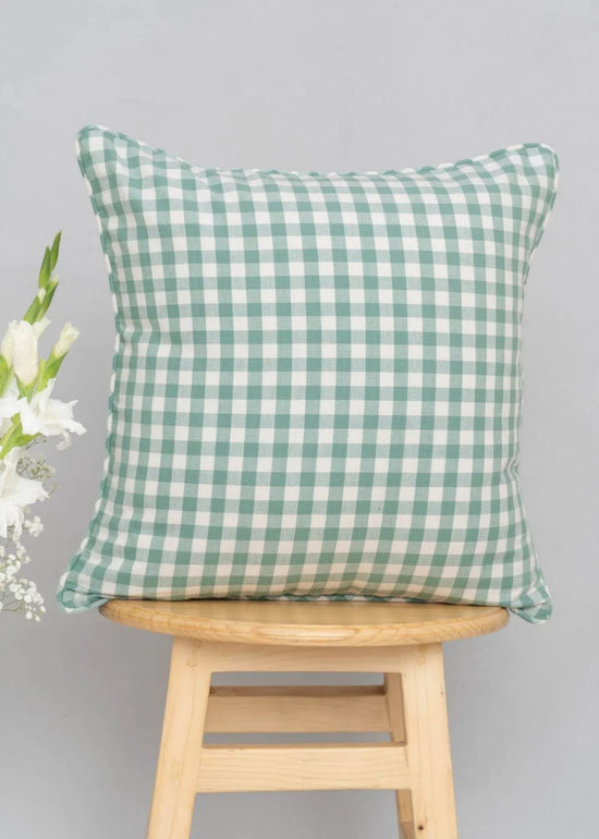 Gingham Cotton 100% cotton geometric cushion cover for sofa - Sage Green-230455037