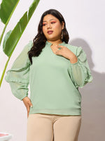 Women Mint Green Sleeve Ruffle Detail Top