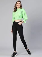 Women Solid Green Ruffled Long Sleeve  Casual Crop Top-S23078WBL002