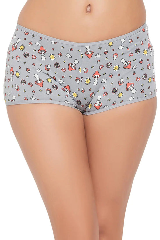 Clovia Mid Waist Mushroom Print Boyshorts in Grey - Cotton