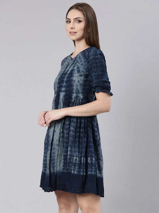 Women Navy Blue Self Design Empire Dress-GW-3456-Navyblue