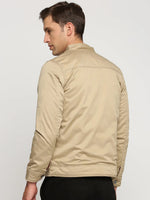 Men Beige Mock Collar Solid Tailored Jacket-SO-21-Beige