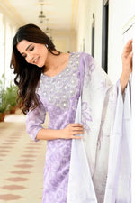 Vaasva Women Lavender Tissue Linen Embroidered Solid Kurta Set With Solid Pants & Printed Dupatta-143-Vaas-Lavender