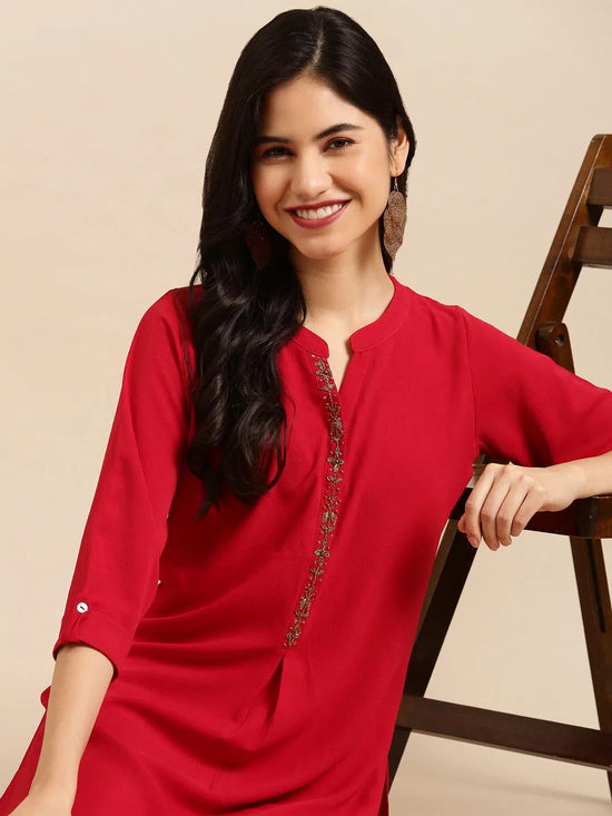 Women's Red Embellished Straight Kurta-SKC-3328-Red