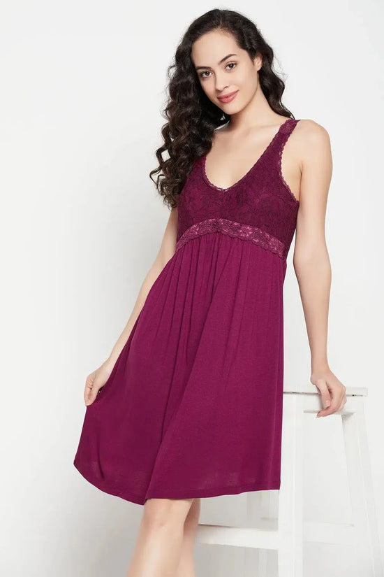 Clovia Chic Basic Short Night Dress in Wine Colour - Cotton