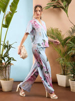 Women Light Blue Floral Shawl Collar Top With Pants