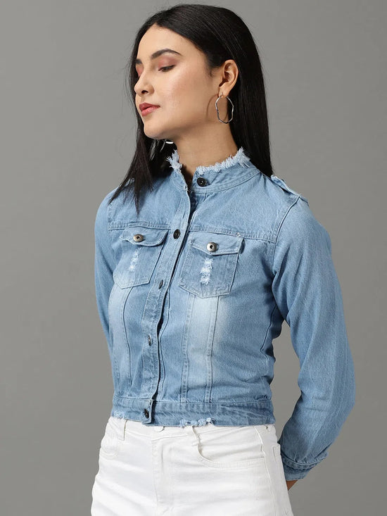 Women's Blue Solid Denim Jacket-AE-9507-Blue