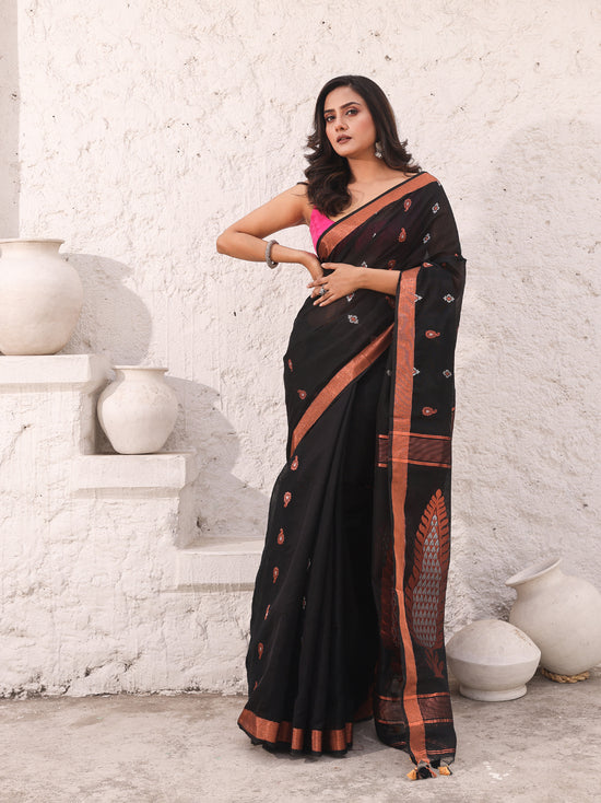 Black Cotton Saree With Woven Designs And Zari Border-MA54BCT041380039