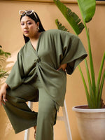 Women Olive Solid Front Knot Top With Cargo Pants