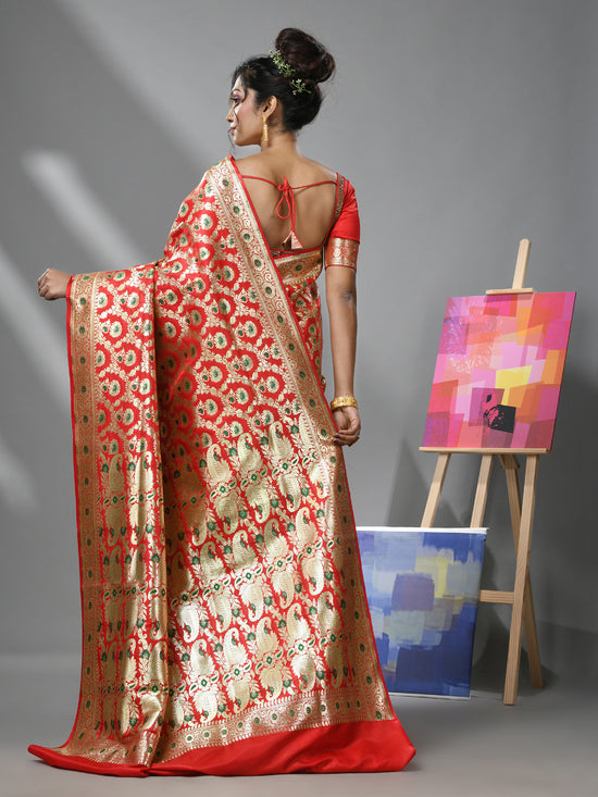 Red Katan Silk Banarasi Saree With Ethnic Motifs And Meena Designs-MA52KA441380083