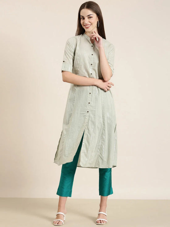 Women Sea Green Striped A-Line Kurta-NJ-1084352-Seagreen