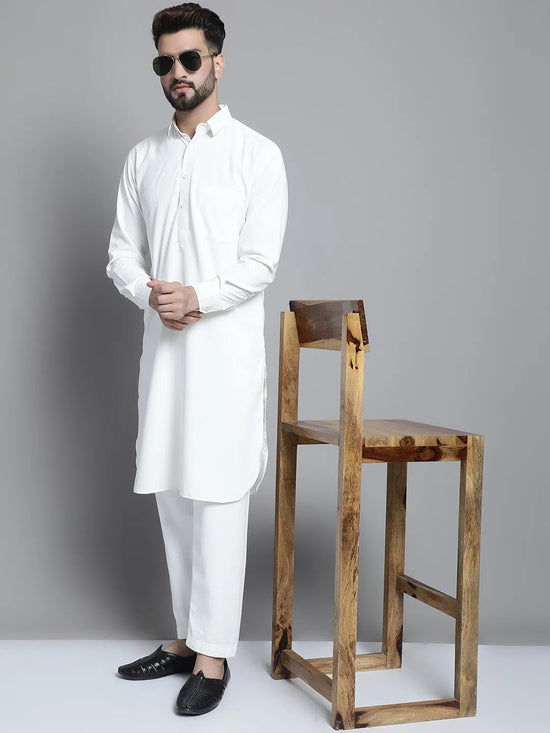 Men's White Cotton Solid Pathani Kurta with Salwar-JOKP-696White