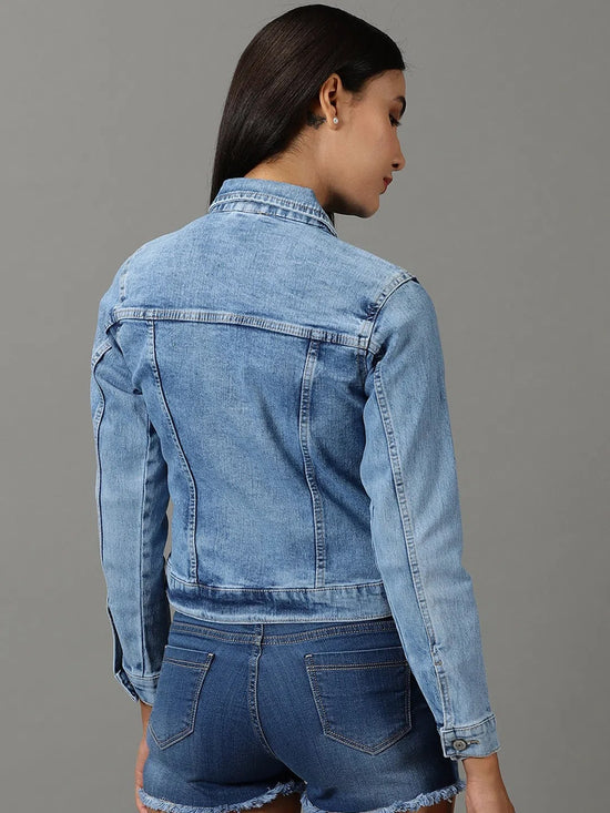 Women's Blue Solid Denim Jacket-GZ-5502-Blue