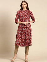 Women's Maroon Printed A-Line Kurta-AT-A835-Maroon