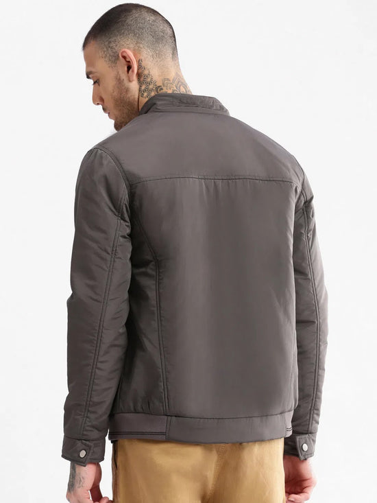 Men Mock Collar Grey Solid Bomber Jacket-ZD-3202-Grey