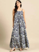 Tiered maxi Dress in Blue Ikkat Print