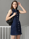 Women's Navy Blue Solid A-Line Dress-LT-D10250-Navyblue