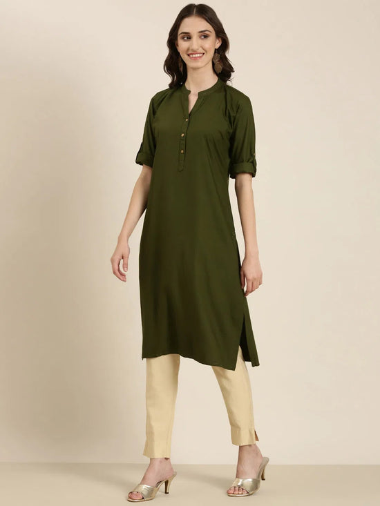 Women Olive Solid Straight Kurta-DF-1432-Olive