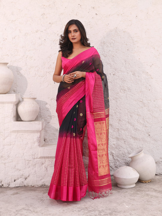 Black Cotton Soft Saree With Ikkat Style-MA54BCT041490030