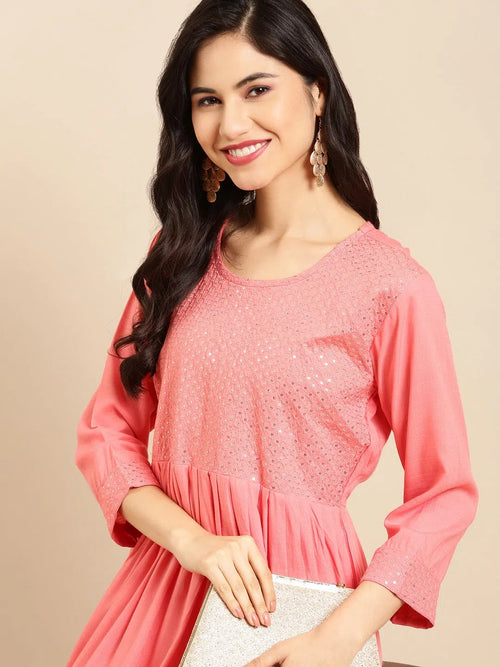 Women's Pink Solid A-Line Kurti-BGE-656-A-Peach