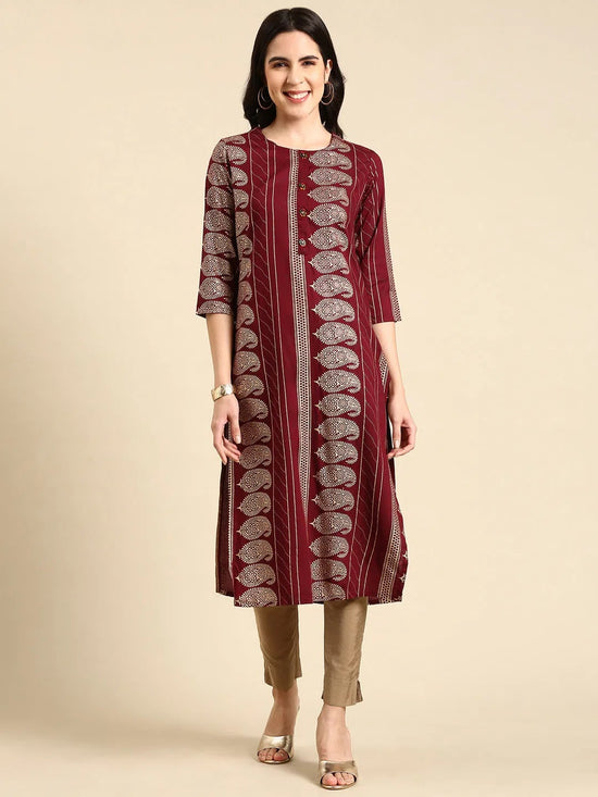 Women's Burgundy Printed Straight Kurta-GW-3493-Burgundy