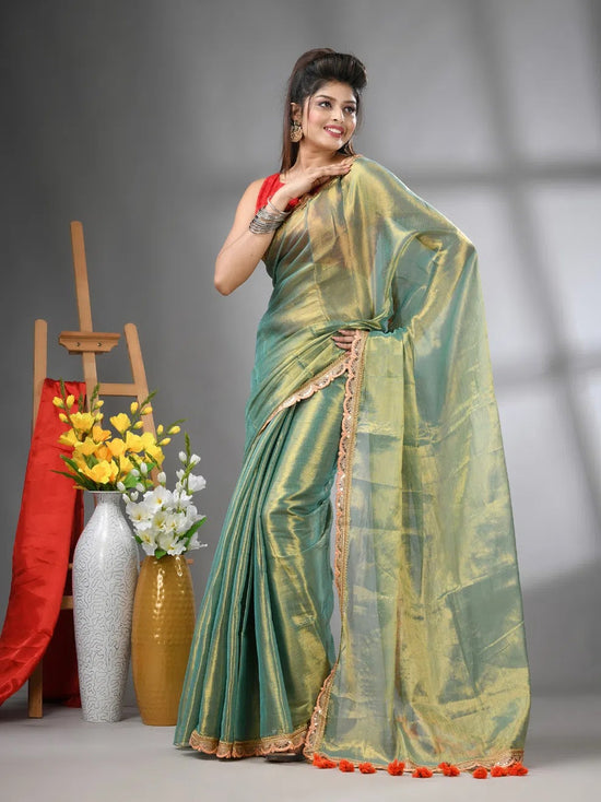 Pistachio Green Shimmer Tissue Saree With Gota Patti Borders-MA62TIS33990014