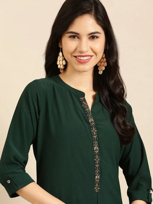 Women's Green Embellished Straight Kurta-SKC-3328-Green