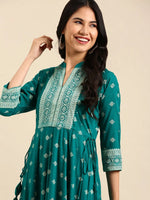 Women's Blue Printed Anarkali Kurta-AT-A-615-Teal