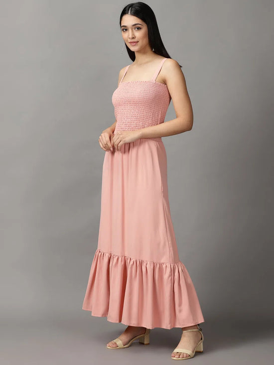 Women's Peach Solid Fit and Flare Dress-AE-15672-Peach