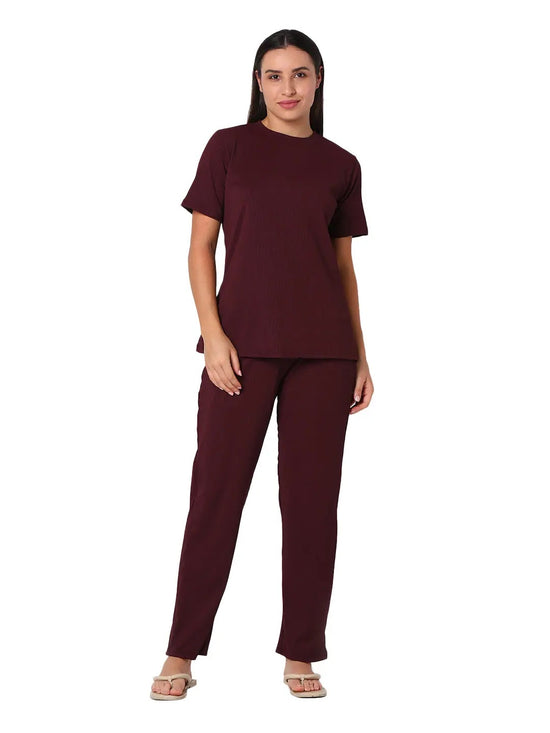 Smarty Pants Women's Cotton Wine Color Round Neck Night Suit