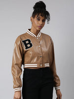 Women Solid Crop Brown Drop Shoulder Oversized Varsity Jacket-8940-Brown