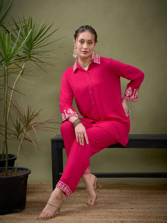 Women Fuchsia Collar And Sleeve Embroidered Shirt With Palazzos