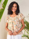 Women Nude Floral Sweetheart Neck Flared Sleeve Top