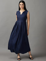 Women's Navy Blue Solid Fit and Flare Dress-AE-15750-Navyblue