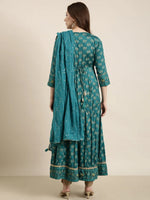 Women Anarkali Green Floral Kurta Comes with Dupatta-DK-3151-Green