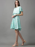 Women's Sea Green Printed Fit and Flare Dress-AE-15613-Seagreen