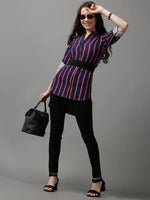 Women's Blue Striped Longline Shirt-AE-10420-Navyblue