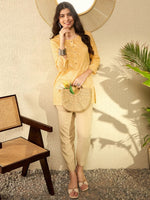 Ahika Women Yellow Cotton Blend Blend Bandhani Printed Regular Tunic-VT1287