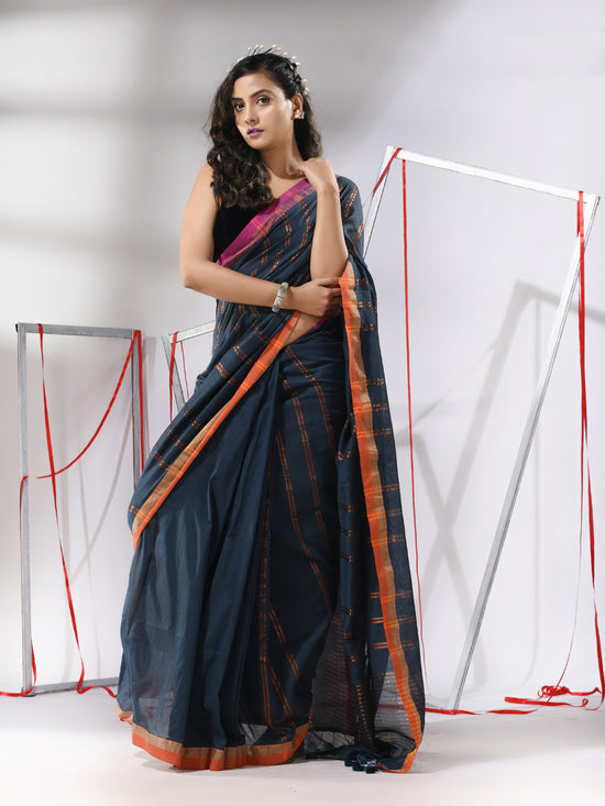 Dark Grey Soft Cotton Saree With  Zari Stripe Designs-MA55CT06530051