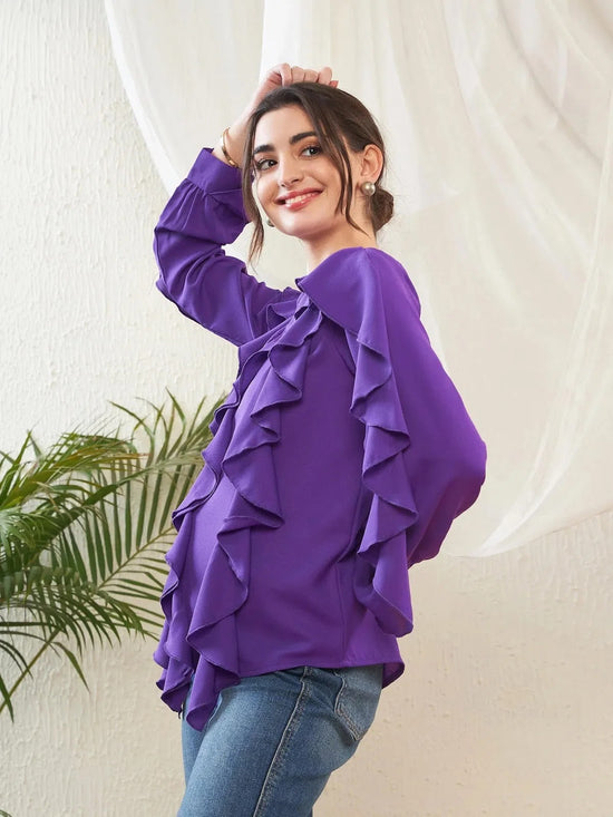 Women Purple Full Sleeves Ruffle Top