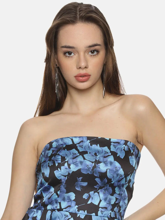 Floral Blue Flared Bandeau Top-17307