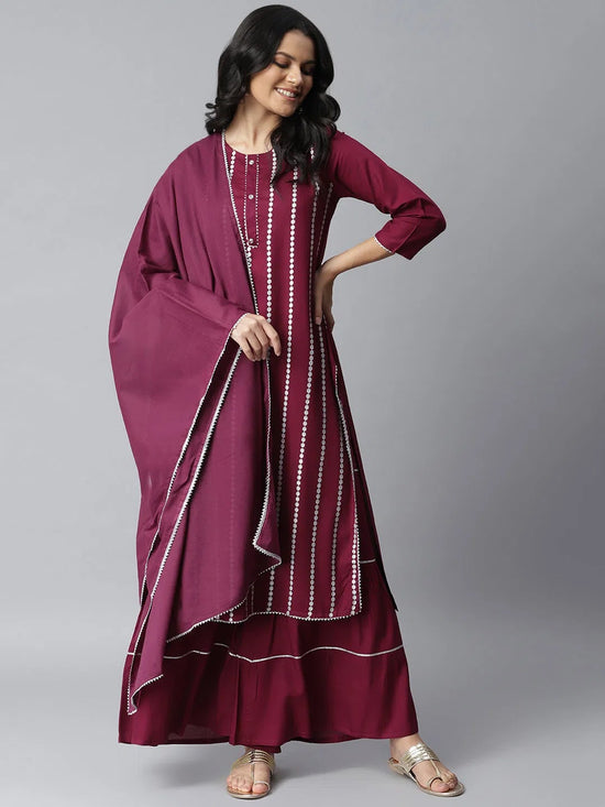 Women's Embellished Rayon Straight Kurta Sharara Dupatta Set