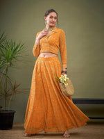 Women Yellow Floral Anarkali Skirt With Knot Crop Top