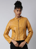 Women Solid Mustard Biker Jacket-8809-Mustard