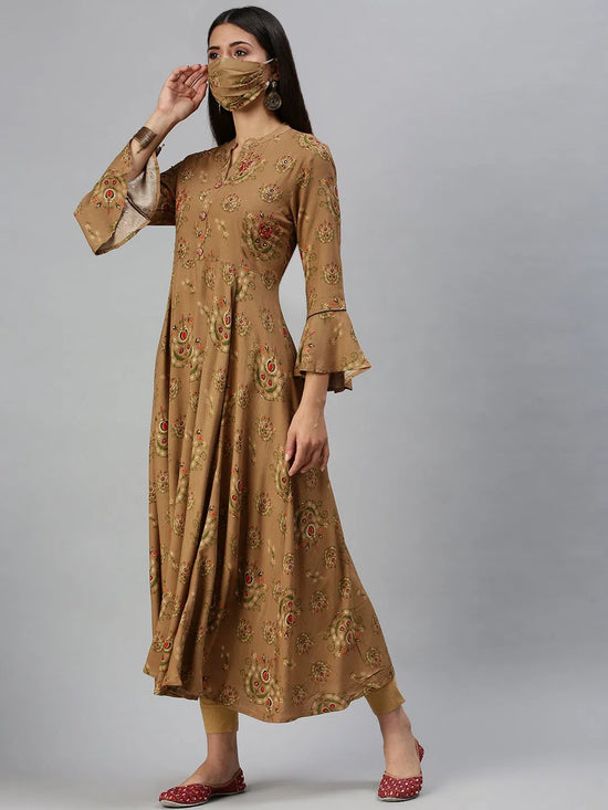 Women's Brown Printed Anarkali Kurta-BCKC654-Brown