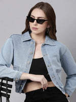 Women Blue Solid Denim Jacket-GZ-5581-Blue