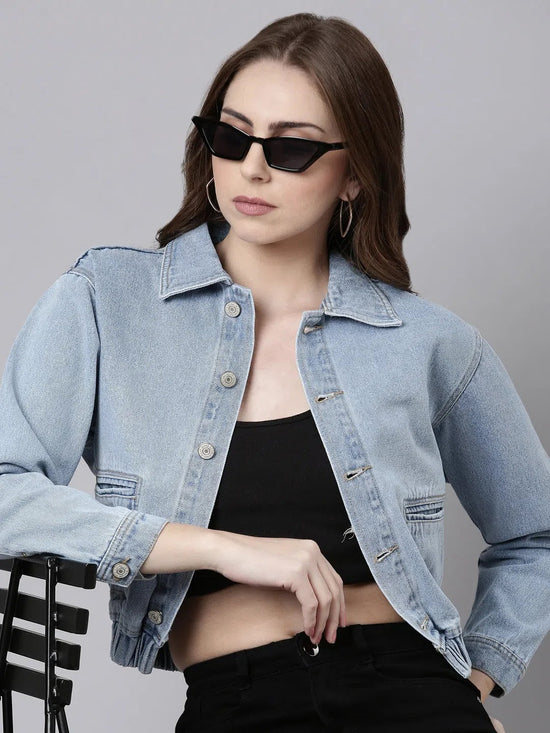 Women Blue Solid Denim Jacket-GZ-5581-Blue