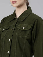 Women Olive Solid Denim Jacket-GZ-5598-Olive