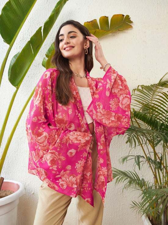 Women Pink Floral Front Open Kimono Shrug-SFJCKT6905